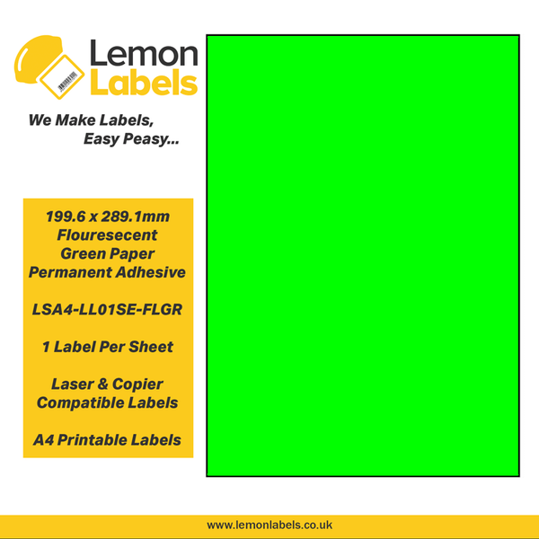 LSA4-LL01SE-FLGR - 199.6 x 289.1mm Floursecent Green Paper With Permanent Adhesive Labels, 1 label to an A4 sheet, 100 sheets