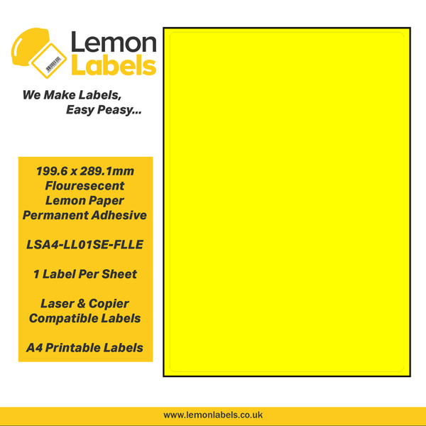 LSA4-LL01SE-FLLE - 199.6 x 289.1mm Floursecent Lemon Paper With Permanent Adhesive Labels, 1 label to an A4 sheet, 100 sheets