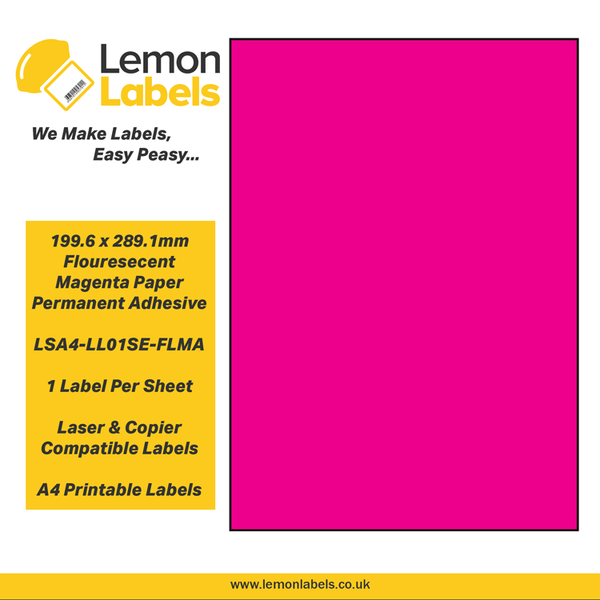 LSA4-LL01SE-FLMA - 199.6 x 289.1mm Floursecent Magenta Paper With Permanent Adhesive Labels, 1 label to an A4 sheet, 100 sheets