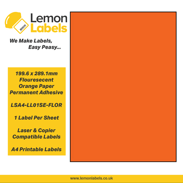 LSA4-LL01SE-FLOR - 199.6 x 289.1mm Floursecent Orange Paper With Permanent Adhesive Labels, 1 label to an A4 sheet, 100 sheets