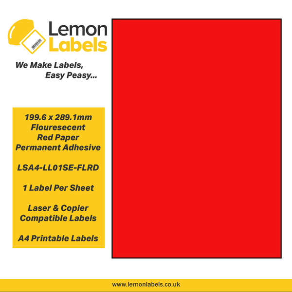 LSA4-LL01SE-FLRD - 199.6 x 289.1mm Floursecent Red Paper With Permanent Adhesive Labels, 1 label to an A4 sheet, 100 sheets