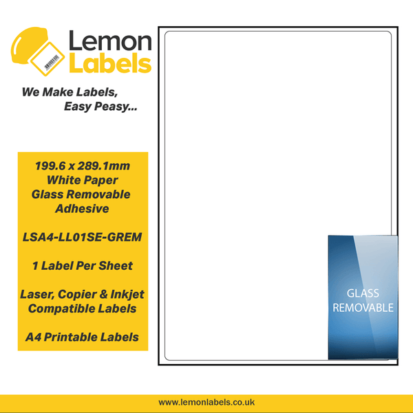 LSA4-LL01SE-GREM - 199.6 x 289.1mm White Paper With Removable Adhesive Labels, 1 label to an A4 sheet, 100 sheets