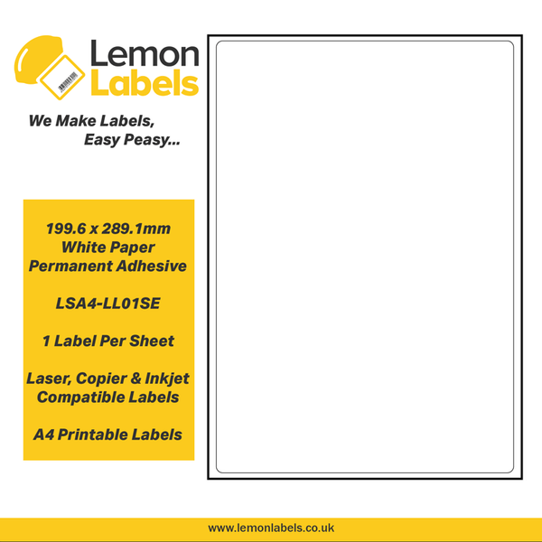 LSA4-LL01SE - 199.6 x 289.1mm White Paper With Permanent Adhesive Labels, 1 label to an A4 sheet, 500 sheets