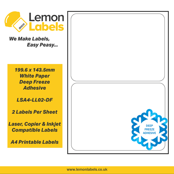 LSA4-LL02-DF - 199.6 x 143.5mm White Paper With Deep Freeze Adhesive Labels, 2 labels to an A4 sheet, 100 sheets