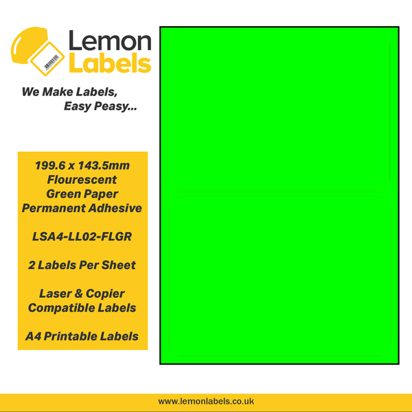 LSA4-LL02-FLGR - 199.6 x 143.5mm Floursecent Green Paper With Permanent Adhesive Labels, 2 labels to an A4 sheet, 100 sheets
