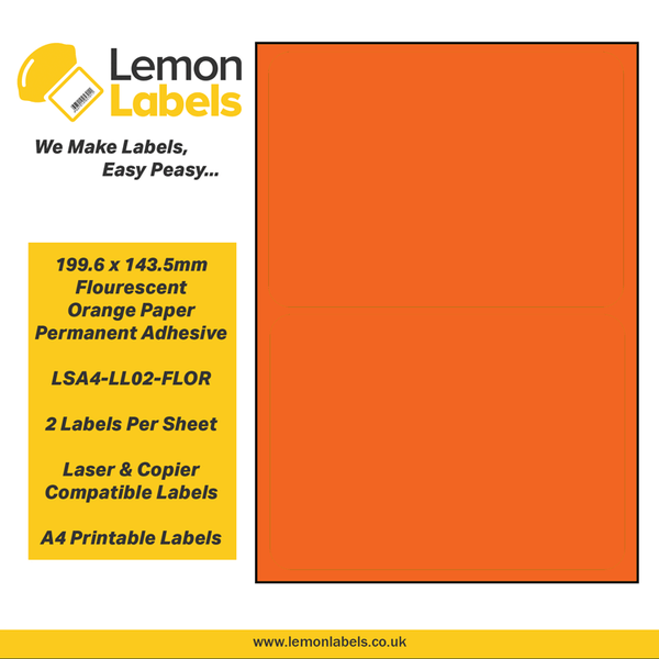 LSA4-LL02-FLOR - 199.6 x 143.5mm Floursecent Orange Paper With Permanent Adhesive Labels, 2 labels to an A4 sheet, 100 sheets