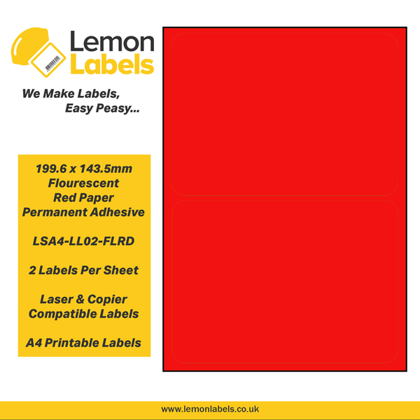 LSA4-LL02-FLRD - 199.6 x 143.5mm Floursecent Red Paper With Permanent Adhesive Labels, 2 labels to an A4 sheet, 100 sheets