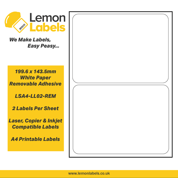 LSA4-LL02-REM - 199.6 x 143.5mm White Paper With Removable Adhesive Labels, 2 labels to an A4 sheet, 100 sheets