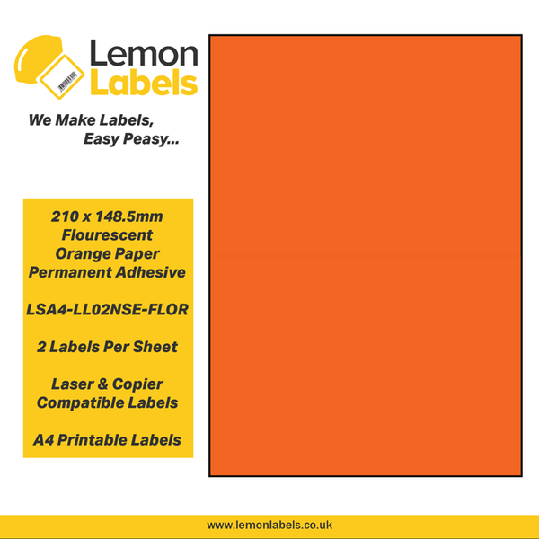LSA4-LL02NSE-FLOR - 210 x 148.5mm Floursecent Orange Paper With Permanent Adhesive Labels, 2 labels to an A4 sheet, 100 sheets