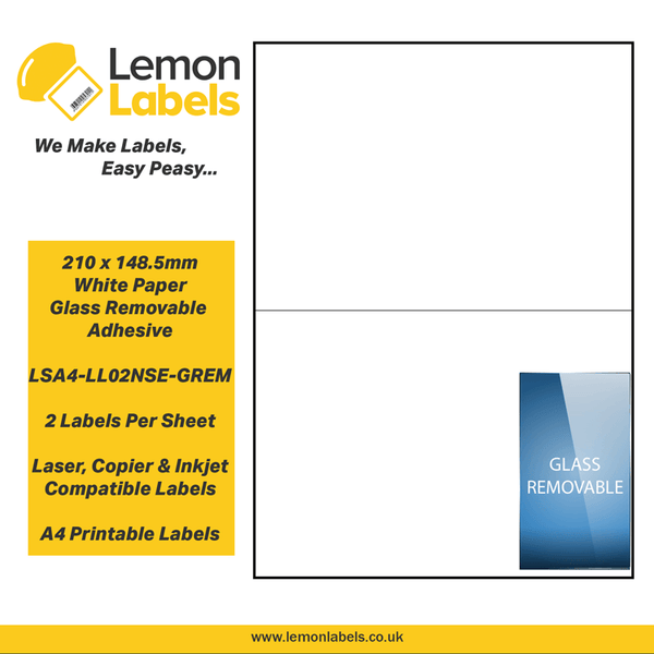 LSA4-LL02NSE-GREM - 210 x 148.5mm White Paper With Removable Adhesive Labels, 2 labels to an A4 sheet, 100 sheets