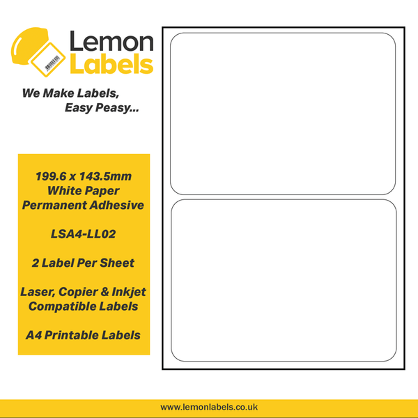 LSA4-LL02 - 199.6 x 143.5mm White Paper With Permanent Adhesive Labels, 2 labels to an A4 sheet, 500 sheets