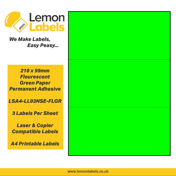LSA4-LL03NSE-FLGR - 210 x 99mm Floursecent Green Paper With Permanent Adhesive Labels, 3 labels to an A4 sheet, 100 sheets