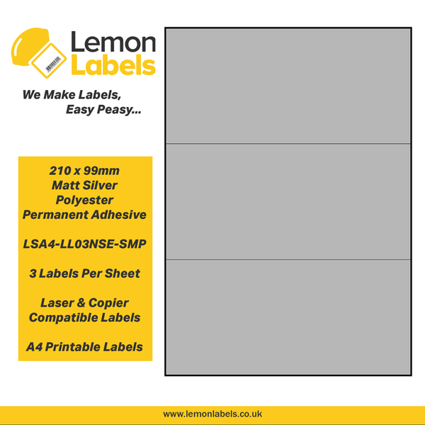 LSA4-LL03NSE-SMP - 210 x 99mm Matt Silver Polyester With Permanent Adhesive Labels, 3 labels to an A4 sheet, 100 sheets