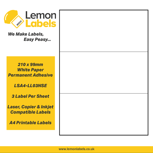 LSA4-LL03NSE - 210 x 99mm White Paper With Permanent Adhesive Labels, 3 labels to an A4 sheet, 500 sheets