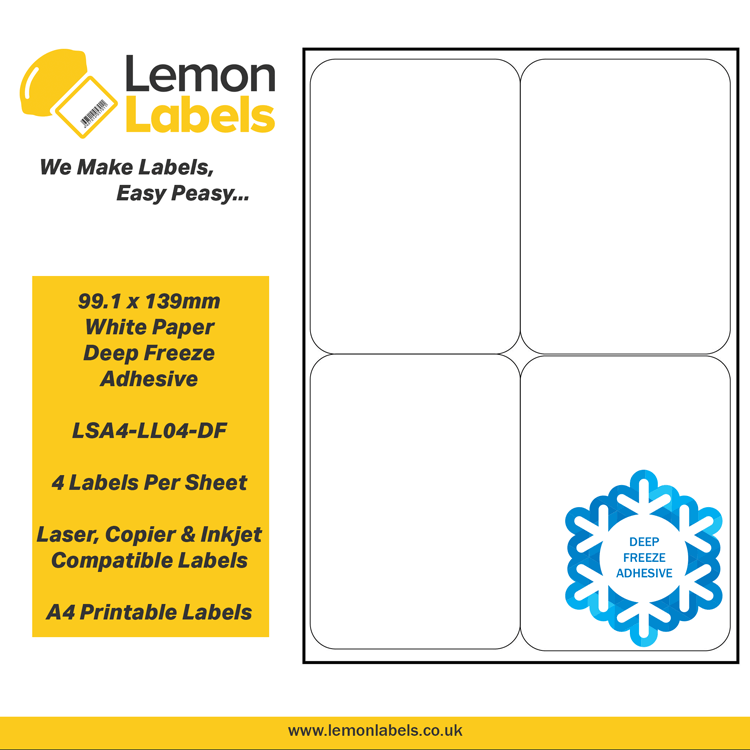 LSA4-LL04-DF - 99.1 x 139mm White Paper With Deep Freeze Adhesive Labels, 4 labels to an A4 sheet, 100 sheets
