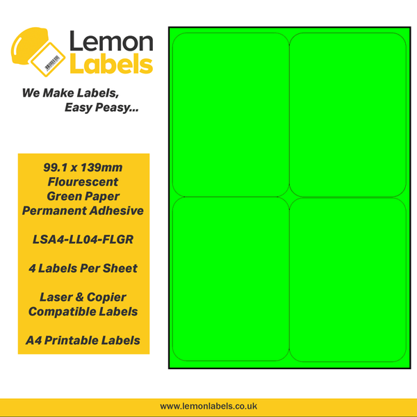 LSA4-LL04-FLGR - 99.1 x 139mm Floursecent Green Paper With Permanent Adhesive Labels, 4 labels to an A4 sheet, 100 sheets