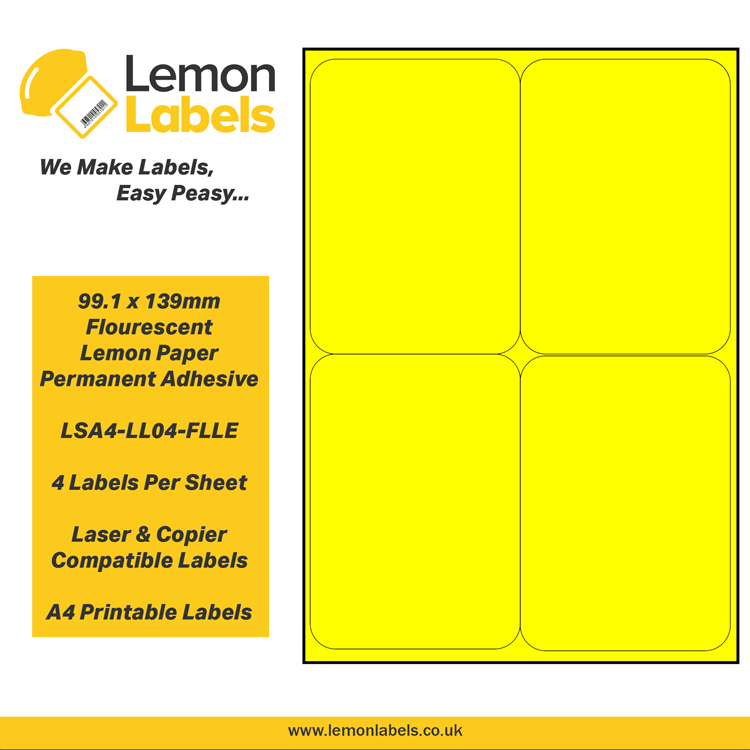 LSA4-LL04-FLLE - 99.1 x 139mm Floursecent Lemon Paper With Permanent Adhesive Labels, 4 labels to an A4 sheet, 100 sheets