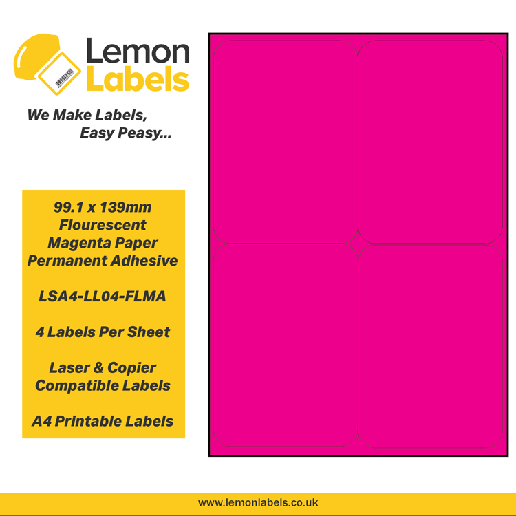 LSA4-LL04-FLMA - 99.1 x 139mm Floursecent Magenta Paper With Permanent Adhesive Labels, 4 labels to an A4 sheet, 100 sheets