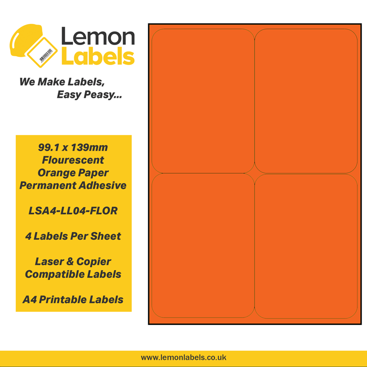 LSA4-LL04-FLOR - 99.1 x 139mm Floursecent Orange Paper With Permanent Adhesive Labels, 4 labels to an A4 sheet, 100 sheets