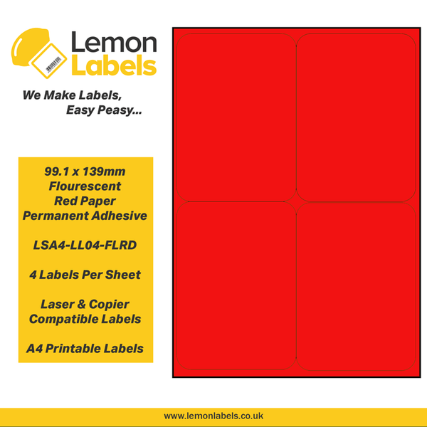 LSA4-LL04-FLRD - 99.1 x 139mm Floursecent Red Paper With Permanent Adhesive Labels, 4 labels to an A4 sheet, 100 sheets