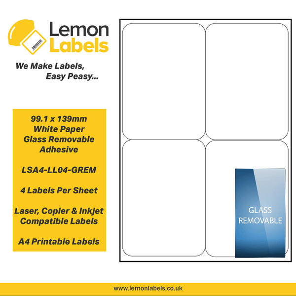 LSA4-LL04-GREM - 99.1 x 139mm White Paper With Removable Adhesive Labels, 4 labels to an A4 sheet, 100 sheets