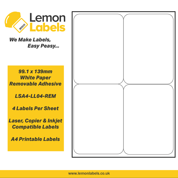 LSA4-LL04-REM - 99.1 x 139mm White Paper With Removable Adhesive Labels, 4 labels to an A4 sheet, 100 sheets