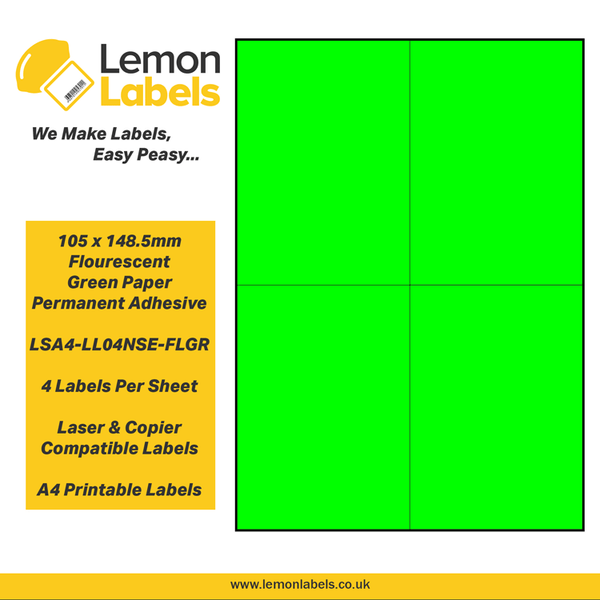 LSA4-LL04NSE-FLGR - 105 x 148.5mm Floursecent Green Paper With Permanent Adhesive Labels, 4 labels to an A4 sheet, 100 sheets