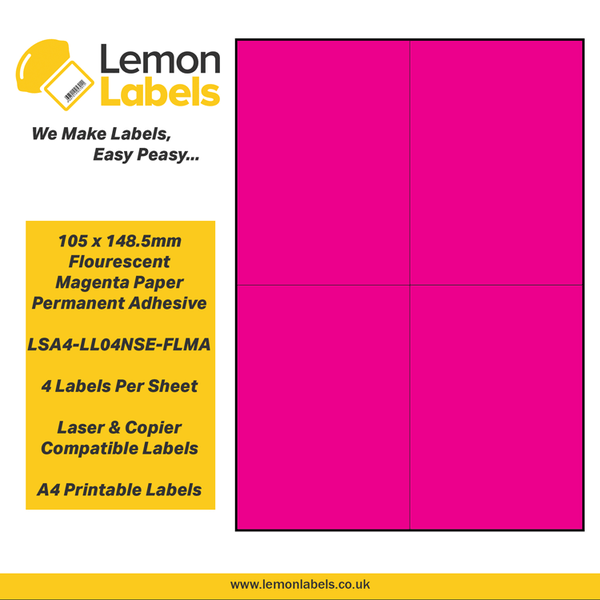 LSA4-LL04NSE-FLMA - 105 x 148.5mm Floursecent Magenta Paper With Permanent Adhesive Labels, 4 labels to an A4 sheet, 100 sheets