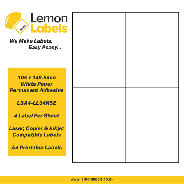 LSA4-LL04NSE - 105 x 148.5mm White Paper With Permanent Adhesive Labels, 4 labels to an A4 sheet, 500 sheets