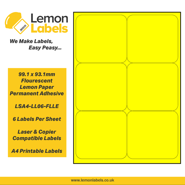 LSA4-LL06-FLLE - 99.1 x 93.1mm Floursecent Lemon Paper With Permanent Adhesive Labels, 6 labels to an A4 sheet, 100 sheets