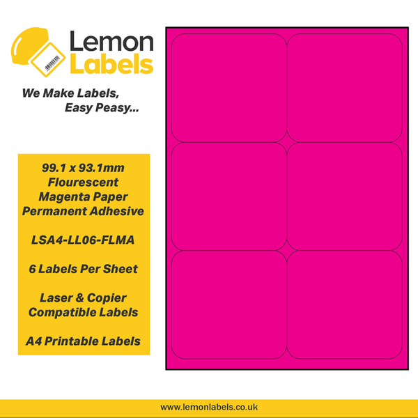 LSA4-LL06-FLMA - 99.1 x 93.1mm Floursecent Magenta Paper With Permanent Adhesive Labels, 6 labels to an A4 sheet, 100 sheets