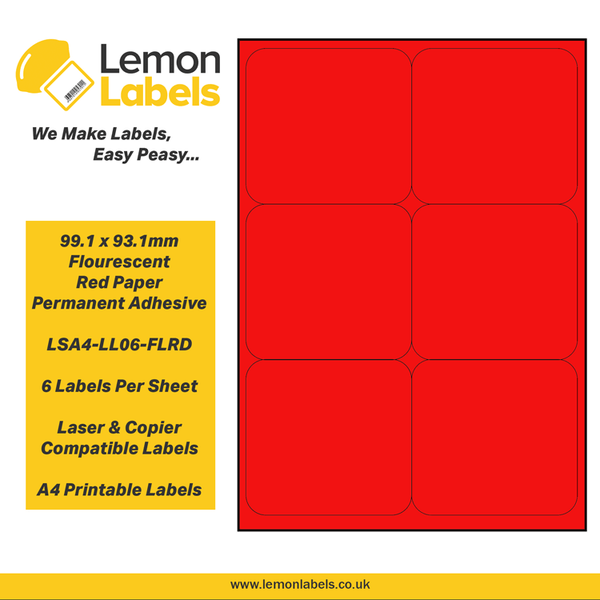 LSA4-LL06-FLRD - 99.1 x 93.1mm Floursecent Red Paper With Permanent Adhesive Labels, 6 labels to an A4 sheet, 100 sheets