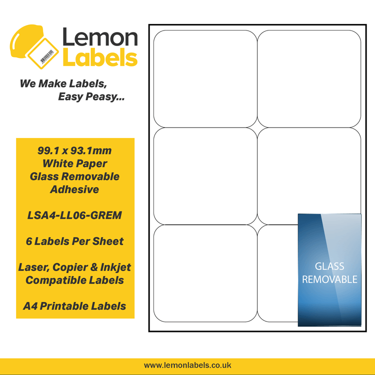 LSA4-LL06-GREM - 99.1 x 93.1mm White Paper With Removable Adhesive Labels, 6 labels to an A4 sheet, 100 sheets