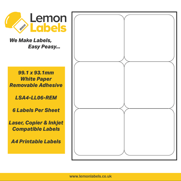 LSA4-LL06-REM - 99.1 x 93.1mm White Paper With Removable Adhesive Labels, 6 labels to an A4 sheet, 100 sheets