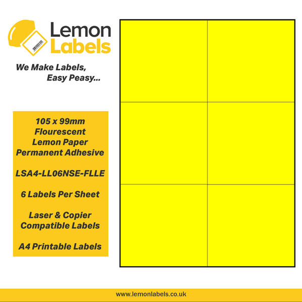 LSA4-LL06NSE-FLLE - 105 x 99mm Floursecent Lemon Paper With Permanent Adhesive Labels, 6 labels to an A4 sheet, 100 sheets