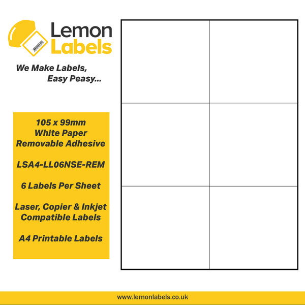 LSA4-LL06NSE-REM - 105 x 99mm White Paper With Removable Adhesive Labels, 6 labels to an A4 sheet, 100 sheets