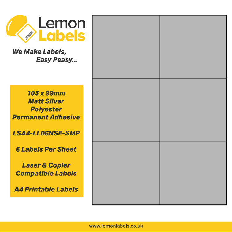 LSA4-LL06NSE-SMP - 105 x 99mm Matt Silver Polyester With Permanent Adhesive Labels, 6 labels to an A4 sheet, 100 sheets