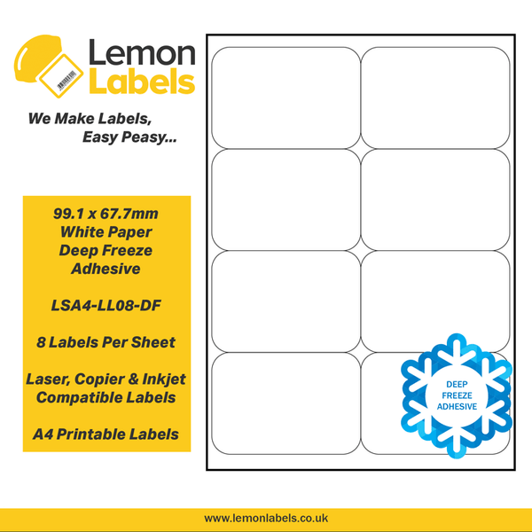 LSA4-LL08-DF - 99.1 x 67.7mm White Paper With Deep Freeze Adhesive Labels, 8 labels to an A4 sheet, 100 sheets
