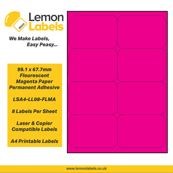 LSA4-LL08-FLMA - 99.1 x 67.7mm Floursecent Magenta Paper With Permanent Adhesive Labels, 8 labels to an A4 sheet, 100 sheets