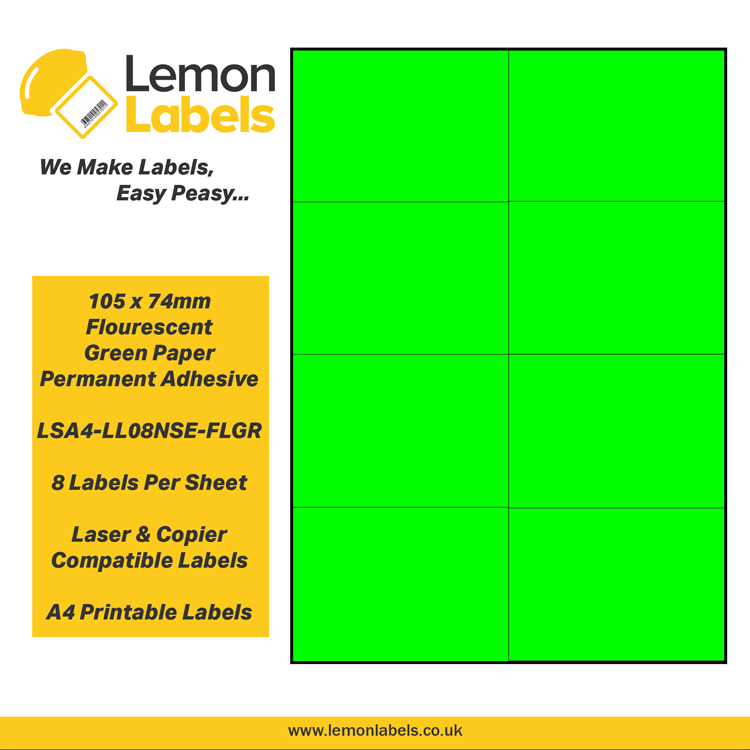 LSA4-LL08NSE-FLGR - 105 x 74mm Floursecent Green Paper With Permanent Adhesive Labels, 8 labels to an A4 sheet, 100 sheets