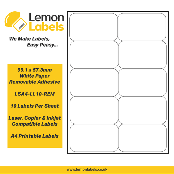 LSA4-LL10-REM - 99.1 x 57.3mm White Paper With Removable Adhesive Labels, 10 labels to an A4 sheet, 100 sheets
