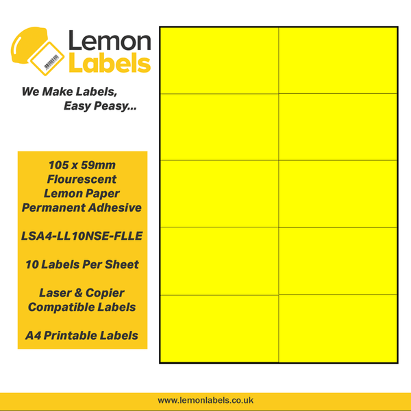 LSA4-LL10NSE-FLLE - 105 x 59mm Floursecent Lemon Paper With Permanent Adhesive Labels, 10 labels to an A4 sheet, 100 sheets