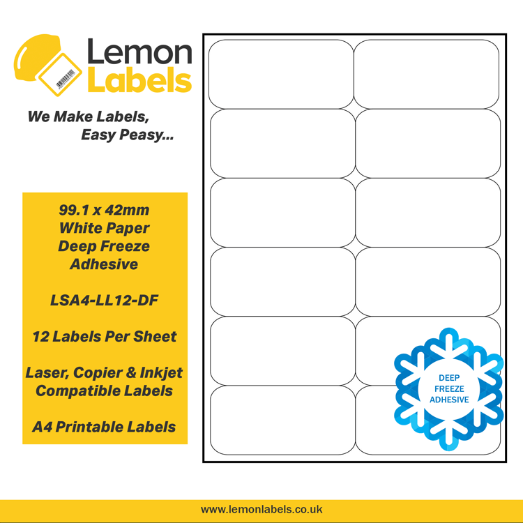 LSA4-LL12-DF - 99.1 x 42mm White Paper With Deep Freeze Adhesive Labels, 12 labels to an A4 sheet, 100 sheets