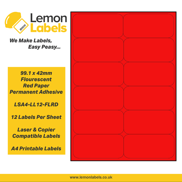 LSA4-LL12-FLRD - 99.1 x 42mm Floursecent Red Paper With Permanent Adhesive Labels, 12 labels to an A4 sheet, 100 sheets