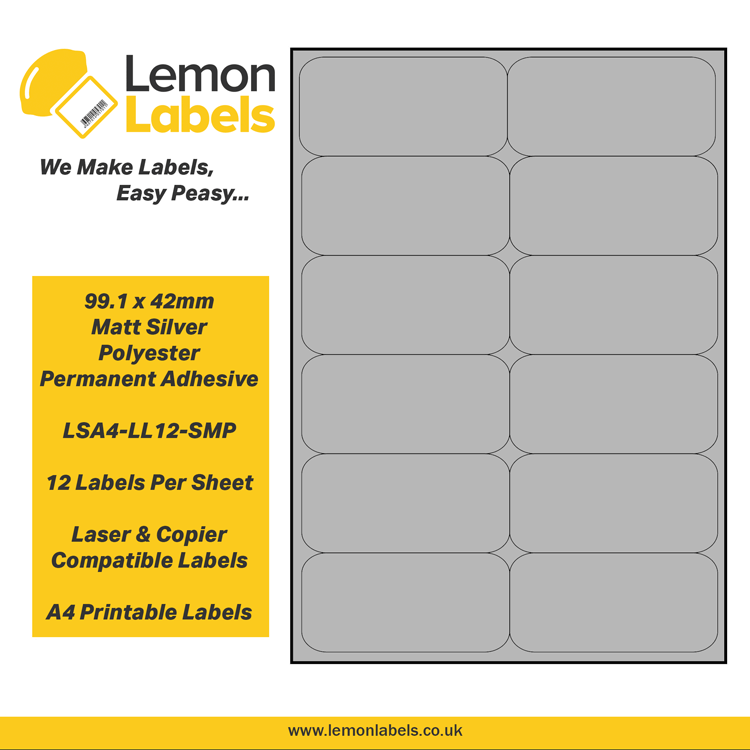 LSA4-LL12-SMP - 99.1 x 42mm Matt Silver Polyester With Permanent Adhesive Labels, 12 labels to an A4 sheet, 100 sheets