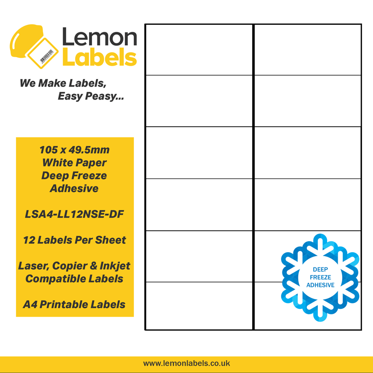 LSA4-LL12NSE-DF - 105 x 49.5mm White Paper With Deep Freeze Adhesive Labels, 12 labels to an A4 sheet, 100 sheets