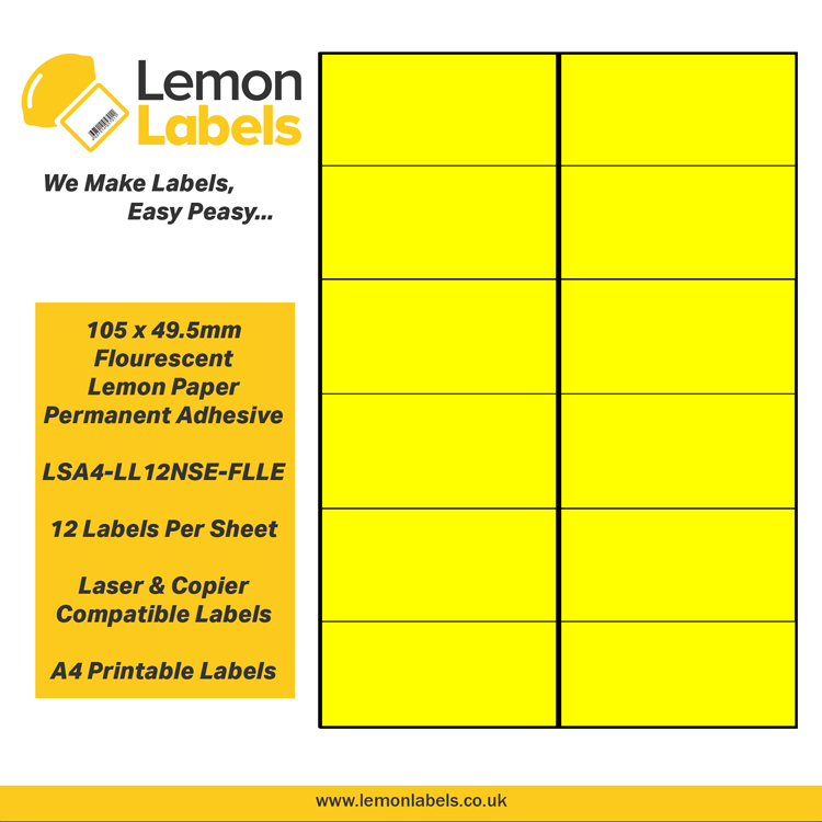 LSA4-LL12NSE-FLLE - 105 x 49.5mm Floursecent Lemon Paper With Permanent Adhesive Labels, 12 labels to an A4 sheet, 100 sheets