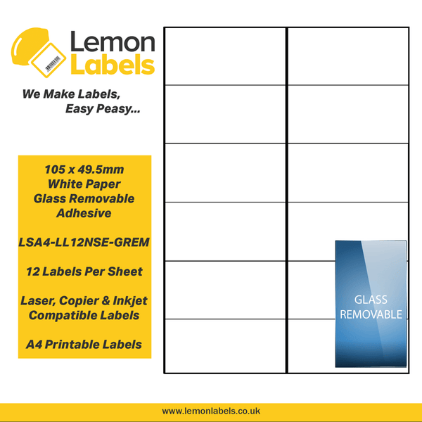 LSA4-LL12NSE-GREM - 105 x 49.5mm White Paper With Removable Adhesive Labels, 12 labels to an A4 sheet, 100 sheets