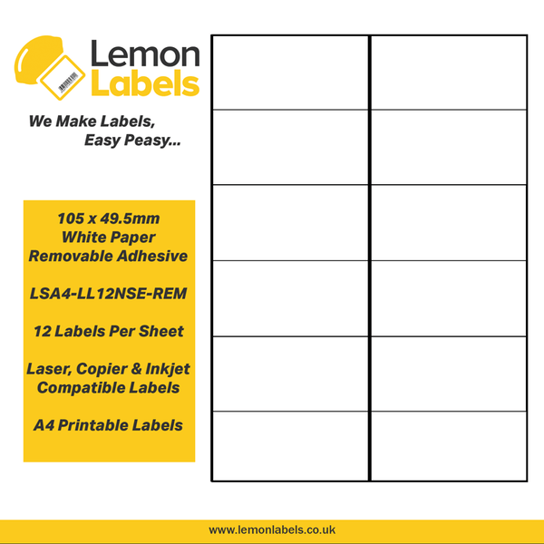 LSA4-LL12NSE-REM - 105 x 49.5mm White Paper With Removable Adhesive Labels, 12 labels to an A4 sheet, 100 sheets