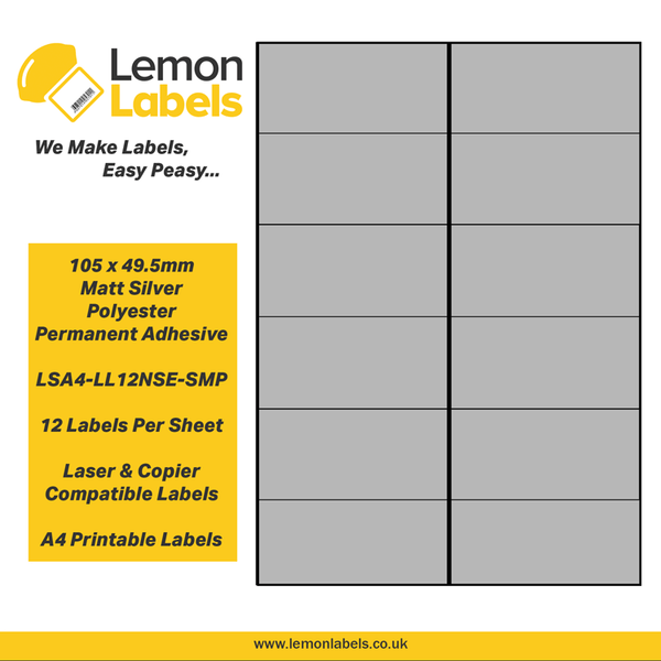 LSA4-LL12NSE-SMP - 105 x 49.5mm Matt Silver Polyester With Permanent Adhesive Labels, 12 labels to an A4 sheet, 100 sheets